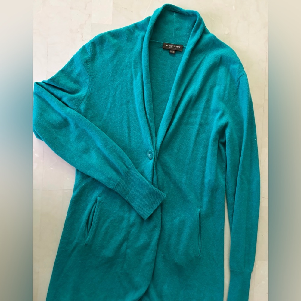 Repeat | Cashmere Teal Cardigan Sweater. Size S